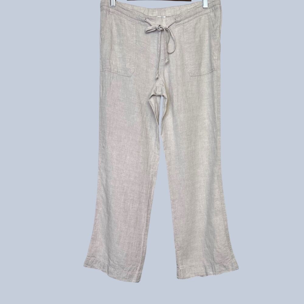 Allen Allen 100% Linen Drawstring Wide Leg Pants Beige Minimalist Casual W's Med
